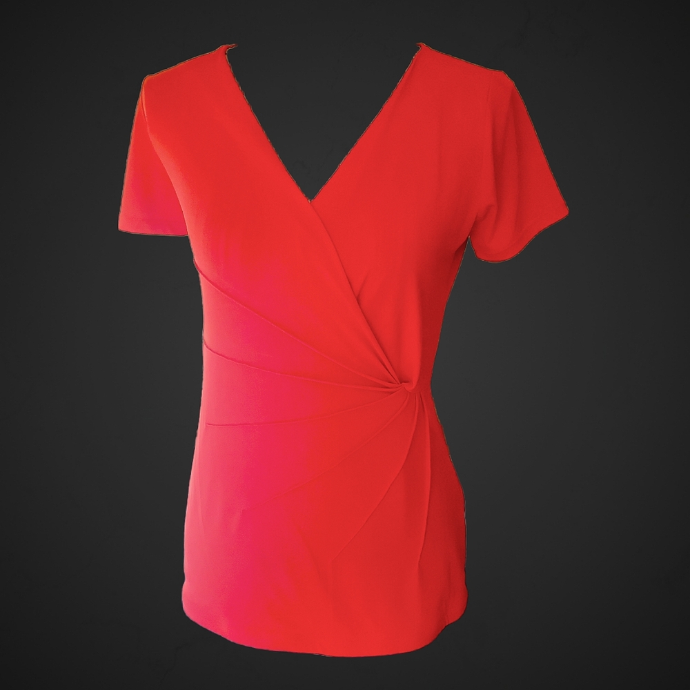 Red Mock Wrap Gathered Top by Premise Sz S - Picture 3 of 6